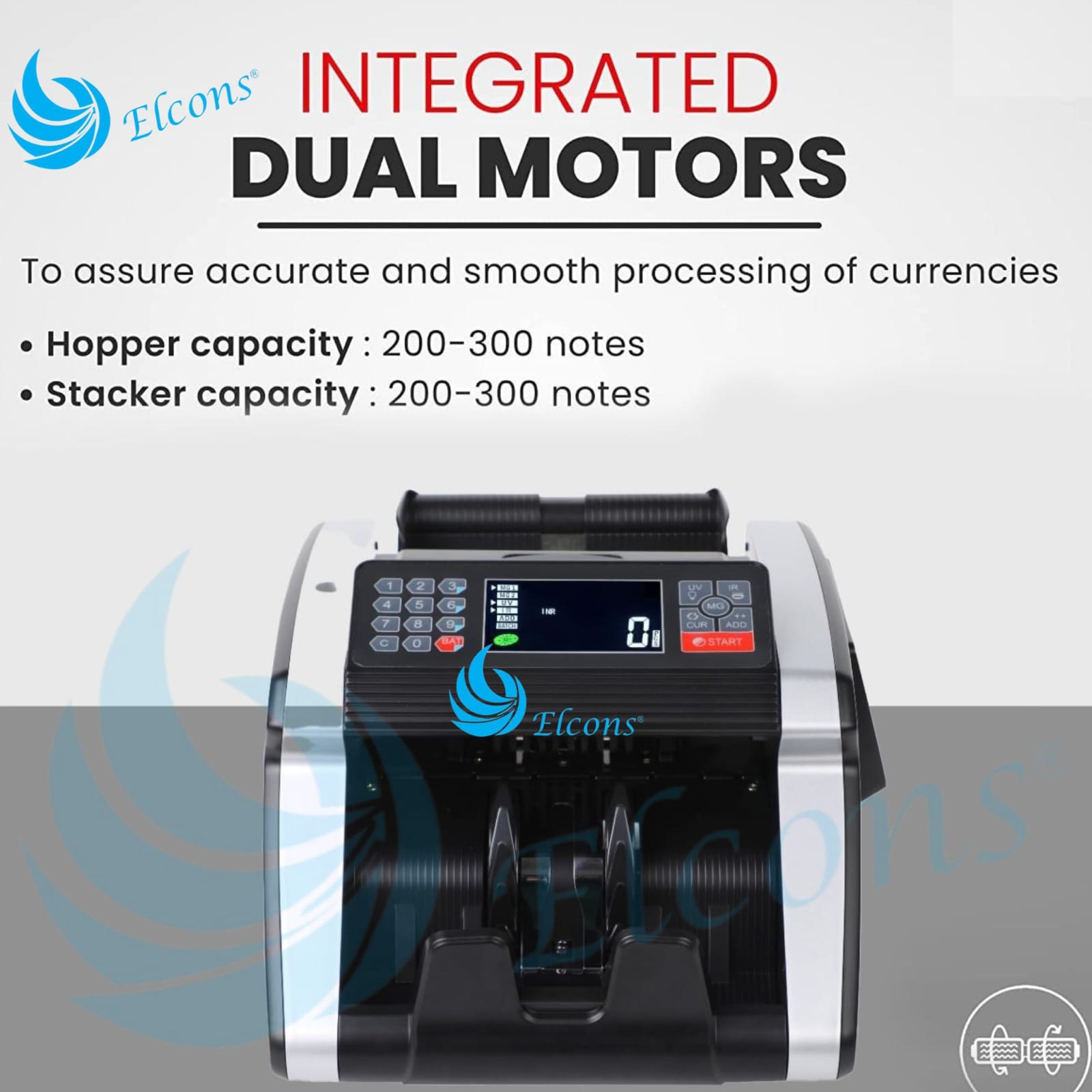 Elcons Battery Heavy Duty Banking Grade-Triple Display- Double Motor - Voice -Currency Counting Machine Fully Automatic with Add, Batch Functions, UV/MG Fake Note Detection